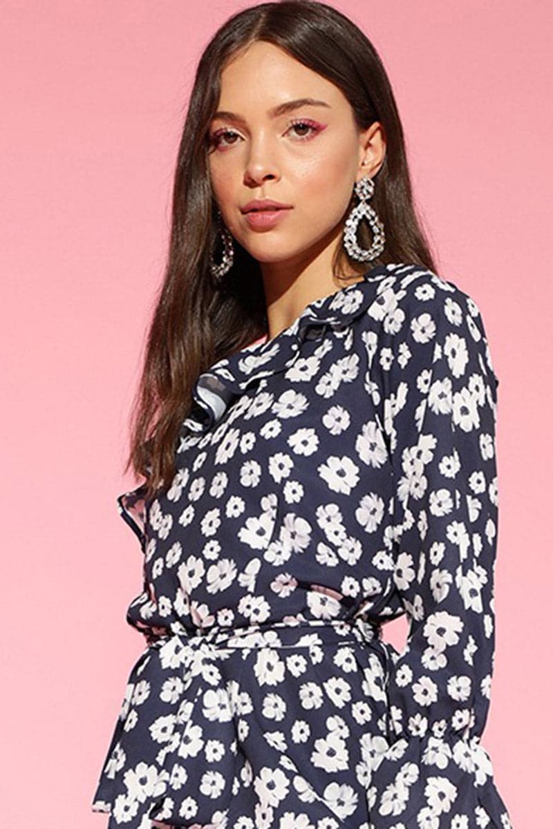 Navy Blue Polyester Floral Print One-Sleeve Jumpsuit