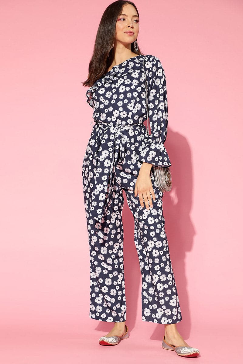 ZERESOUQ-Navy-Blue-Polyester-Floral-Print-One-Sleeve-Jumpsuit