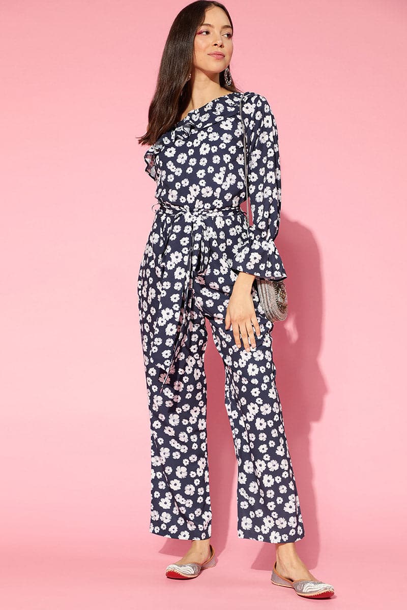 Navy Blue Polyester Floral Print One-Sleeve Jumpsuit