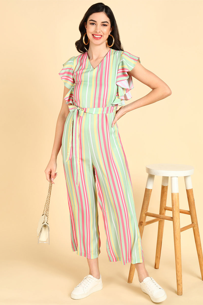 Pista Green Polyester Jumpsuit with Multicolor Stripes