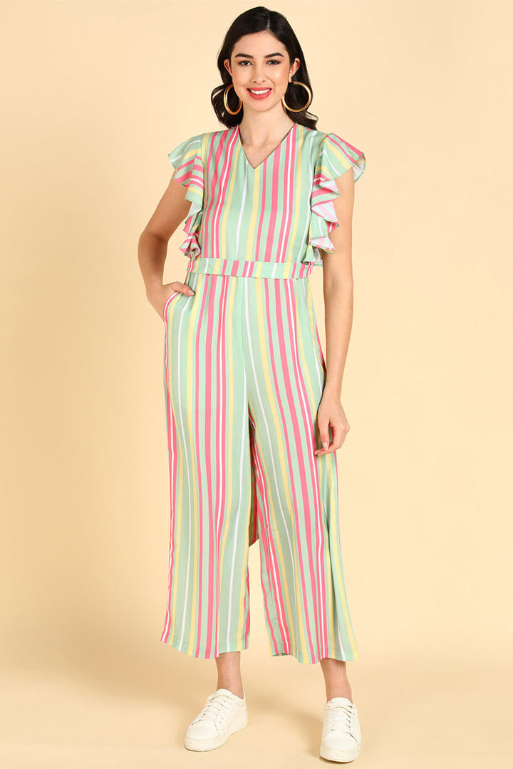 Pista Green Polyester Jumpsuit with Multicolor Stripes