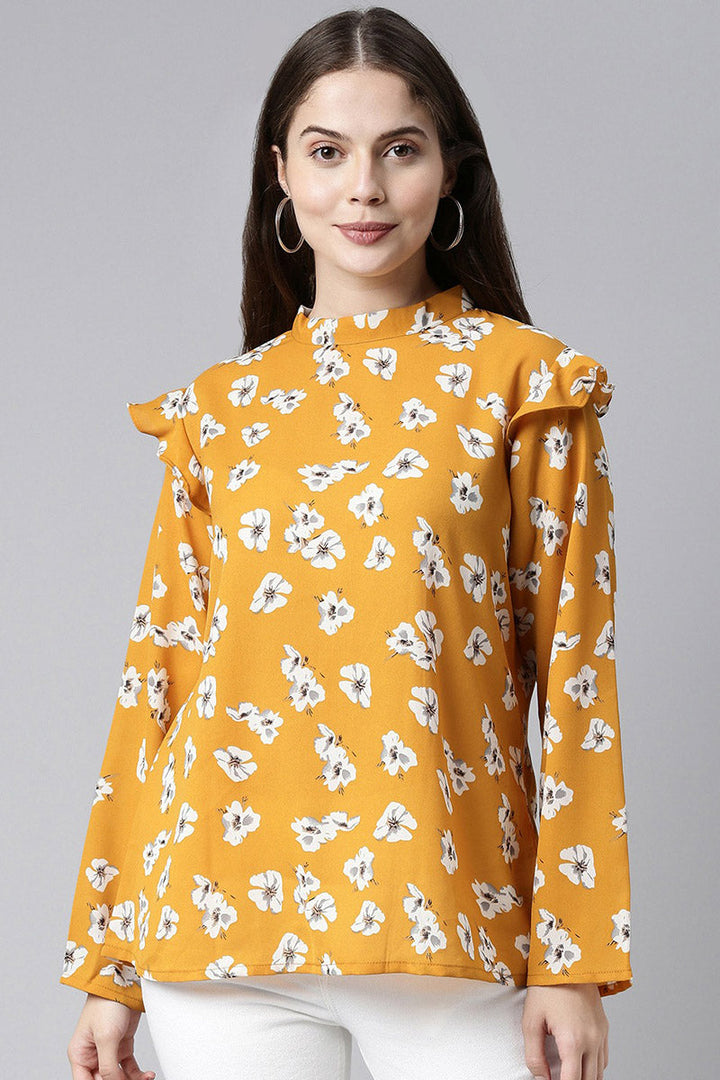 ZERESOUQ-Ochre-Yellow-Georgette-Floral-Printed-Full-Coverage-Top