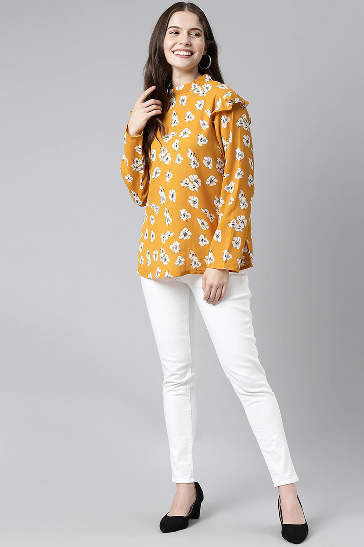 ZERESOUQ-Ochre-Yellow-Georgette-Floral-Printed-Full-Coverage-Top