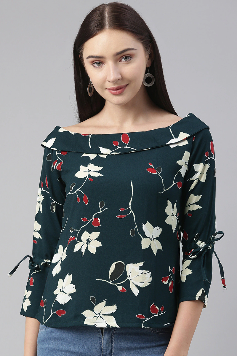 ZERESOUQ-Dark-Teal-Green-Georgette-Floral-Printed-Boat-Neck-Top