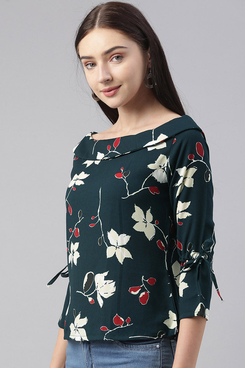 ZERESOUQ-Dark-Teal-Green-Georgette-Floral-Printed-Boat-Neck-Top