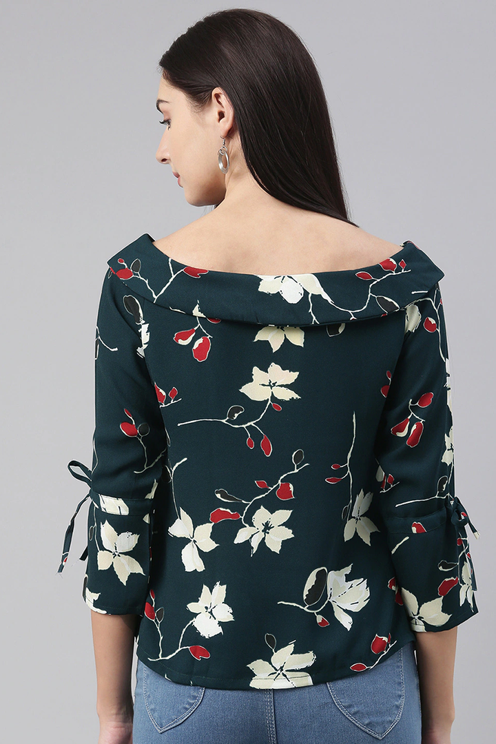 ZERESOUQ-Dark-Teal-Green-Georgette-Floral-Printed-Boat-Neck-Top