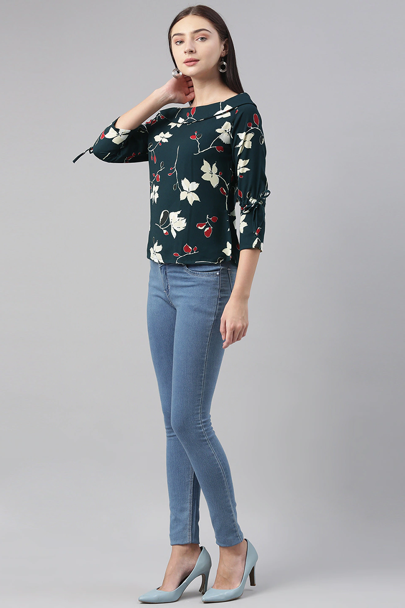 ZERESOUQ-Dark-Teal-Green-Georgette-Floral-Printed-Boat-Neck-Top