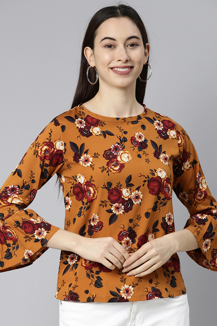 ZERESOUQ-Ochre-Brown-Georgette-Floral-Printed-Top