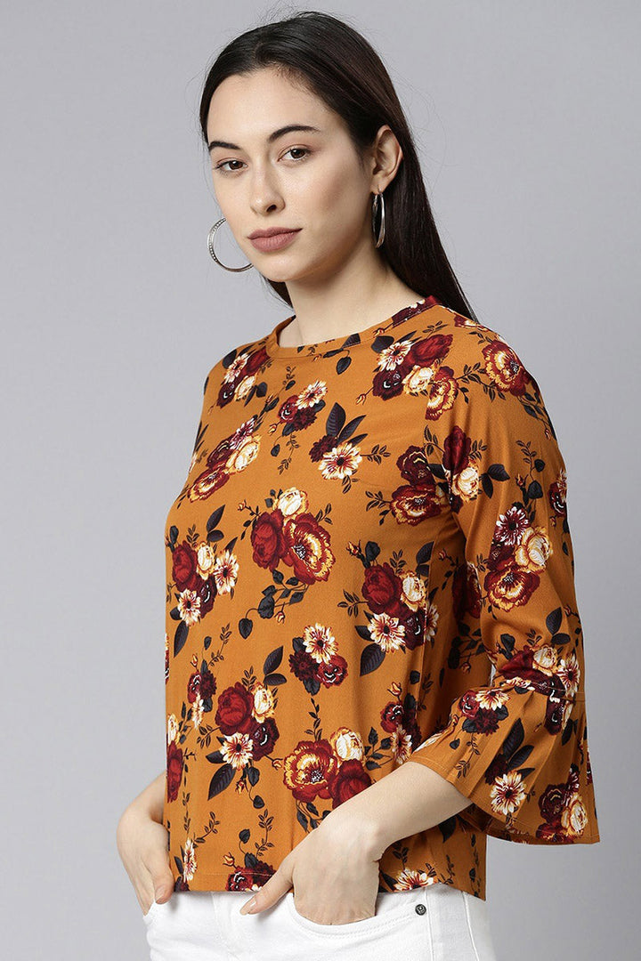 ZERESOUQ-Ochre-Brown-Georgette-Floral-Printed-Top