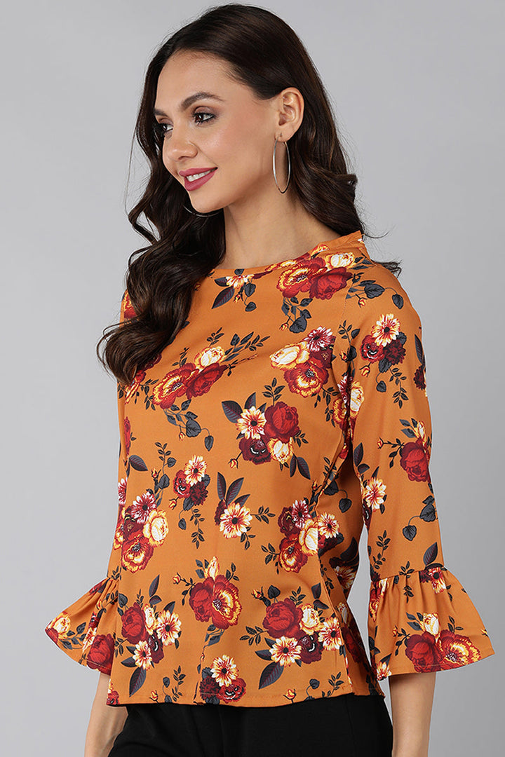 Mustard Polyester Rose Printed Straight Top