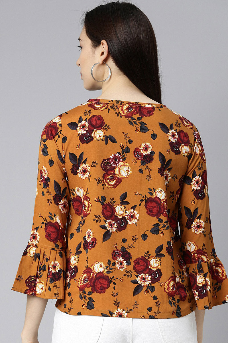 ZERESOUQ-Ochre-Brown-Georgette-Floral-Printed-Top