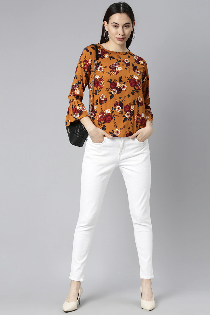 ZERESOUQ-Ochre-Brown-Georgette-Floral-Printed-Top