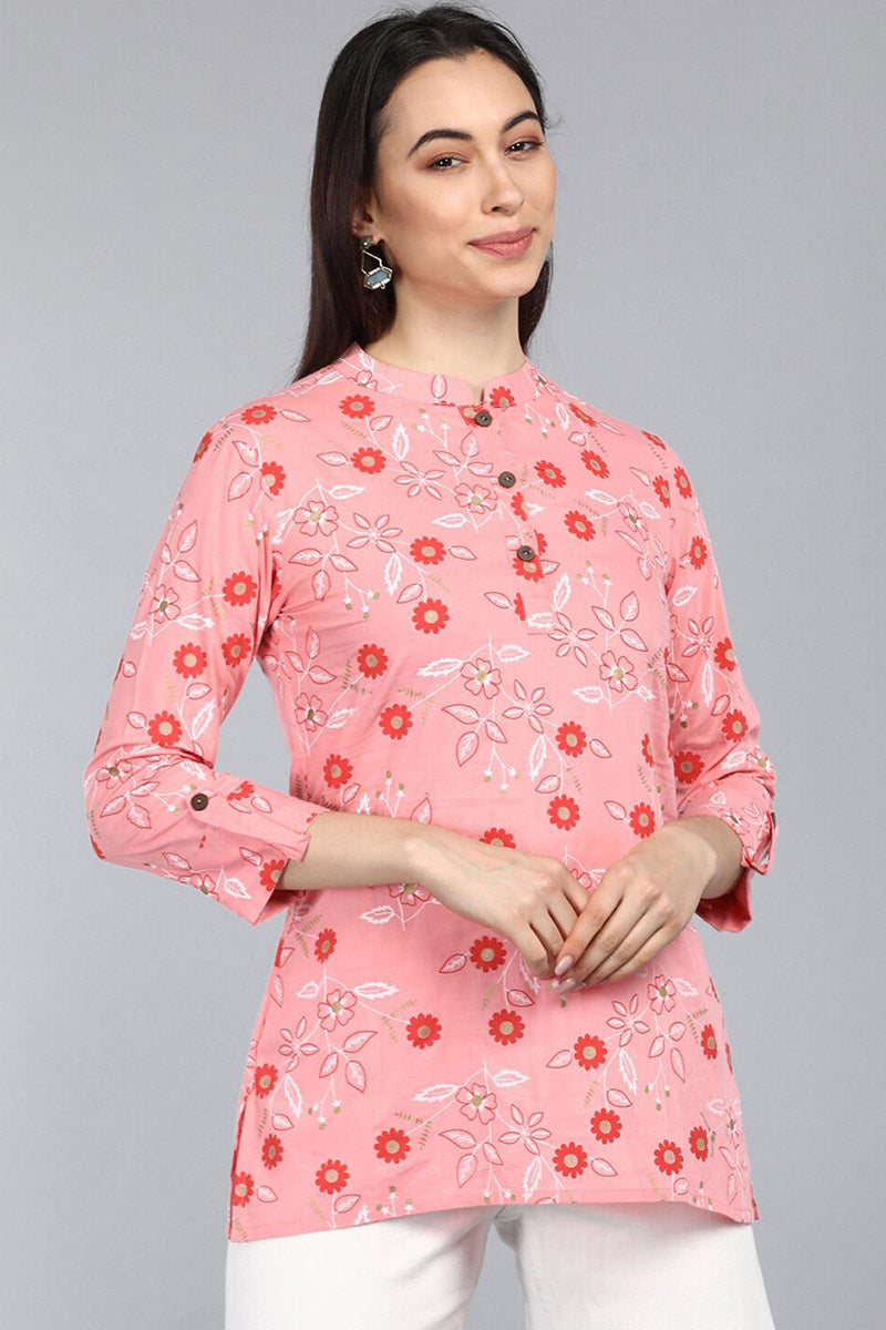 Pink Cotton Floral Printed Mandarin Tunic Top