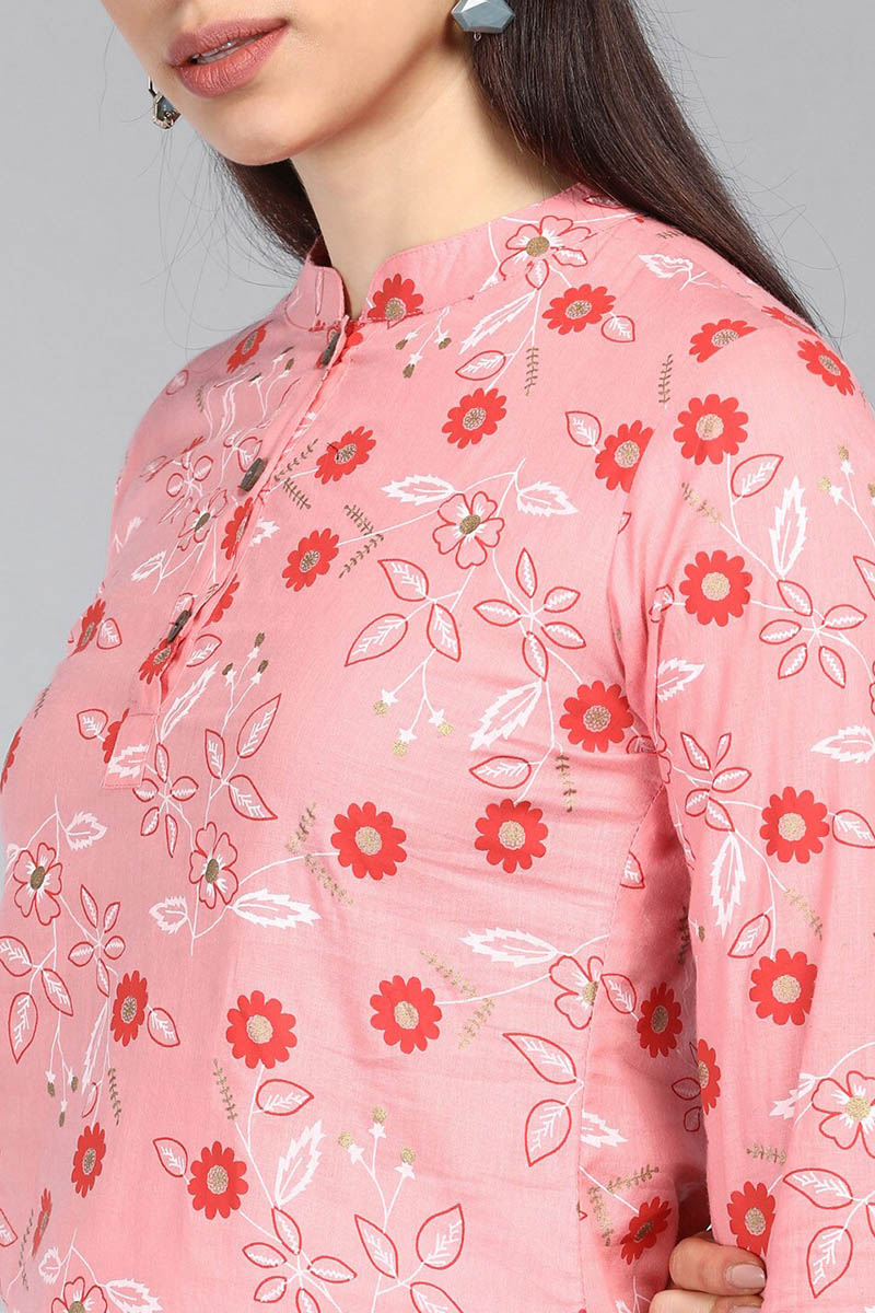Pink Cotton Floral Printed Mandarin Tunic Top