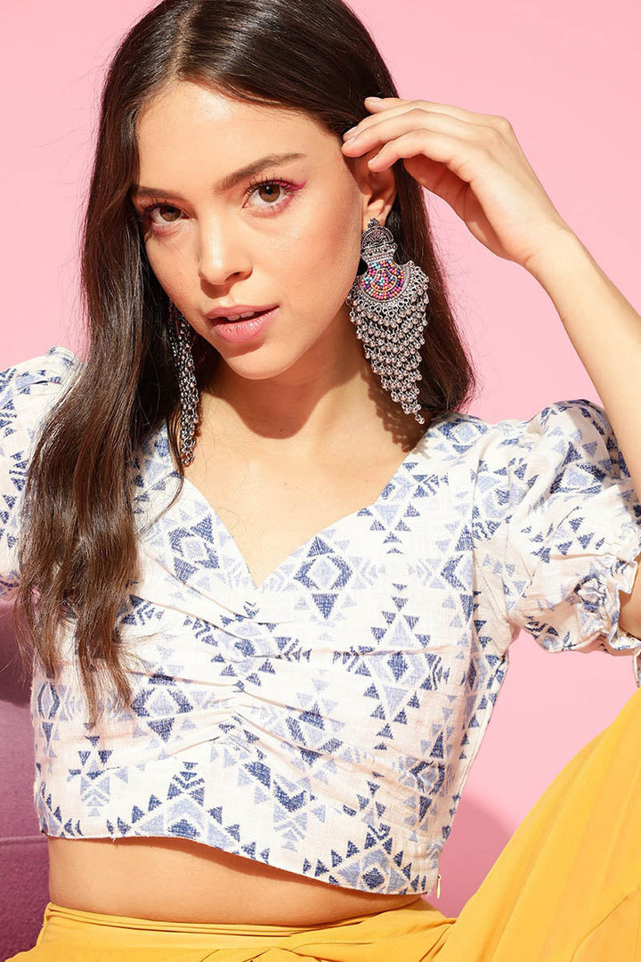 ZERESOUQ-White-&-Blue-Cotton-Ethnic-Motif-Printed-Pleated-Crop-Top