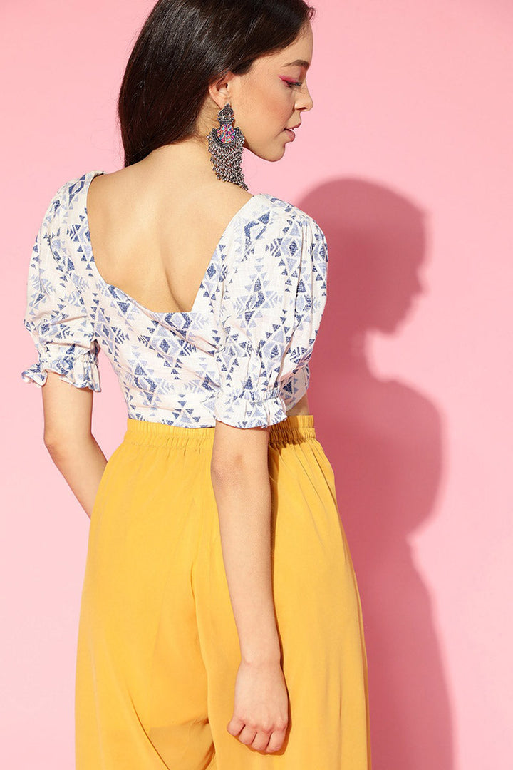 ZERESOUQ-White-&-Blue-Cotton-Ethnic-Motif-Printed-Pleated-Crop-Top