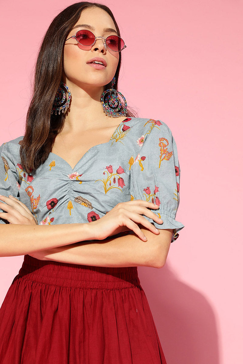 ZERESOUQ-Blue-Cotton-Floral-Printed-Pleated-Crop-Top