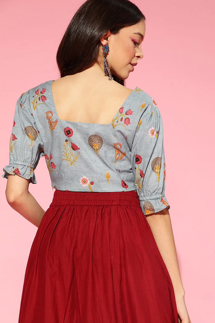 ZERESOUQ-Blue-Cotton-Floral-Printed-Pleated-Crop-Top