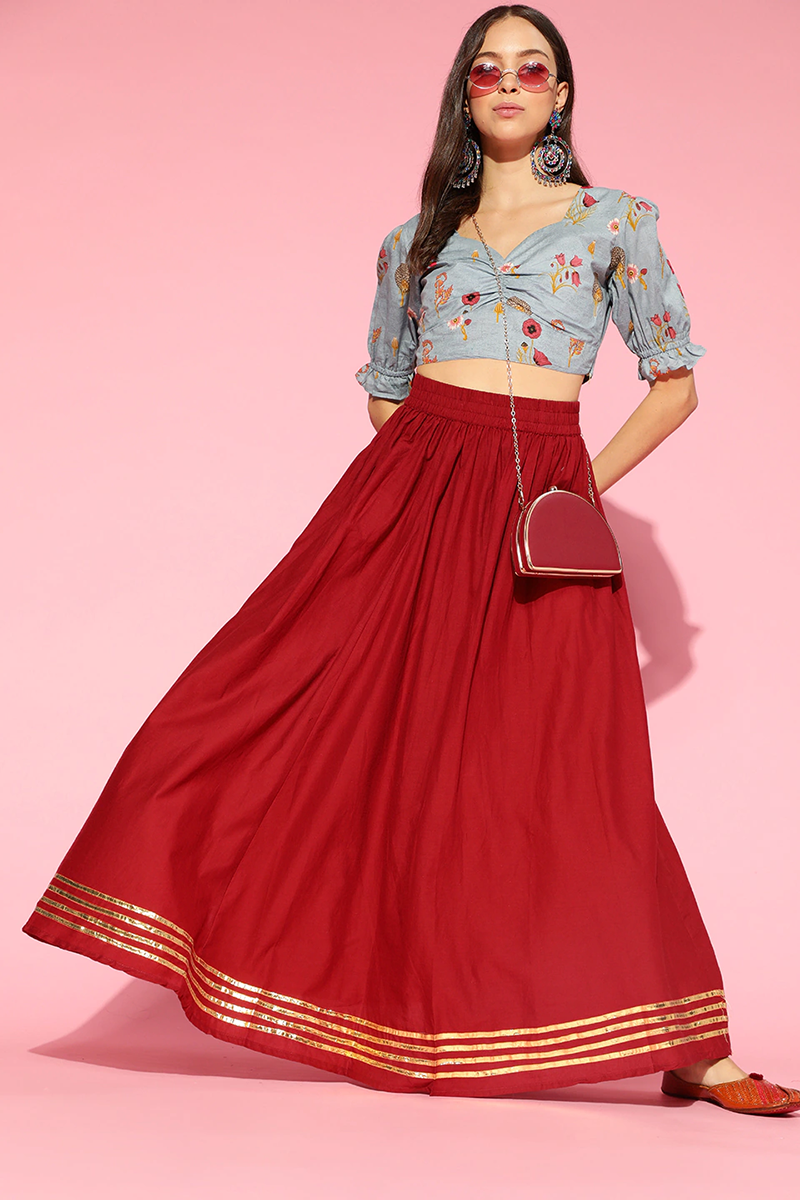 ZERESOUQ-Blue-Cotton-Floral-Printed-Pleated-Crop-Top
