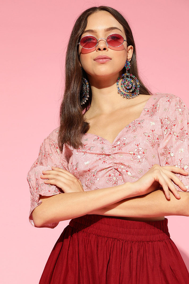 ZERESOUQ-Peach-Cotton-Ethnic-Motifs-Printed-Pleated-Crop-Top