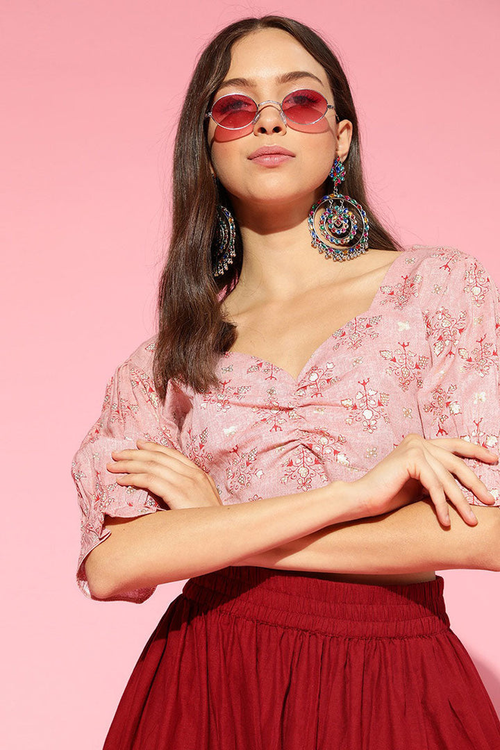 ZERESOUQ-Peach-Cotton-Ethnic-Motifs-Printed-Pleated-Crop-Top