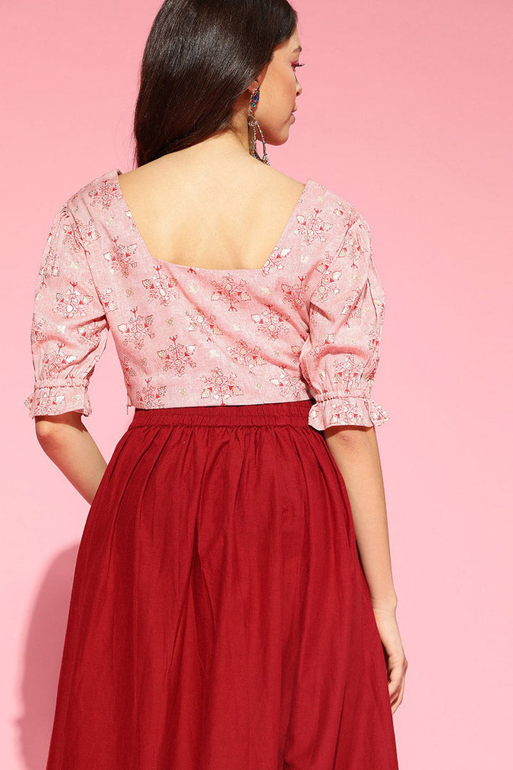ZERESOUQ-Peach-Cotton-Ethnic-Motifs-Printed-Pleated-Crop-Top
