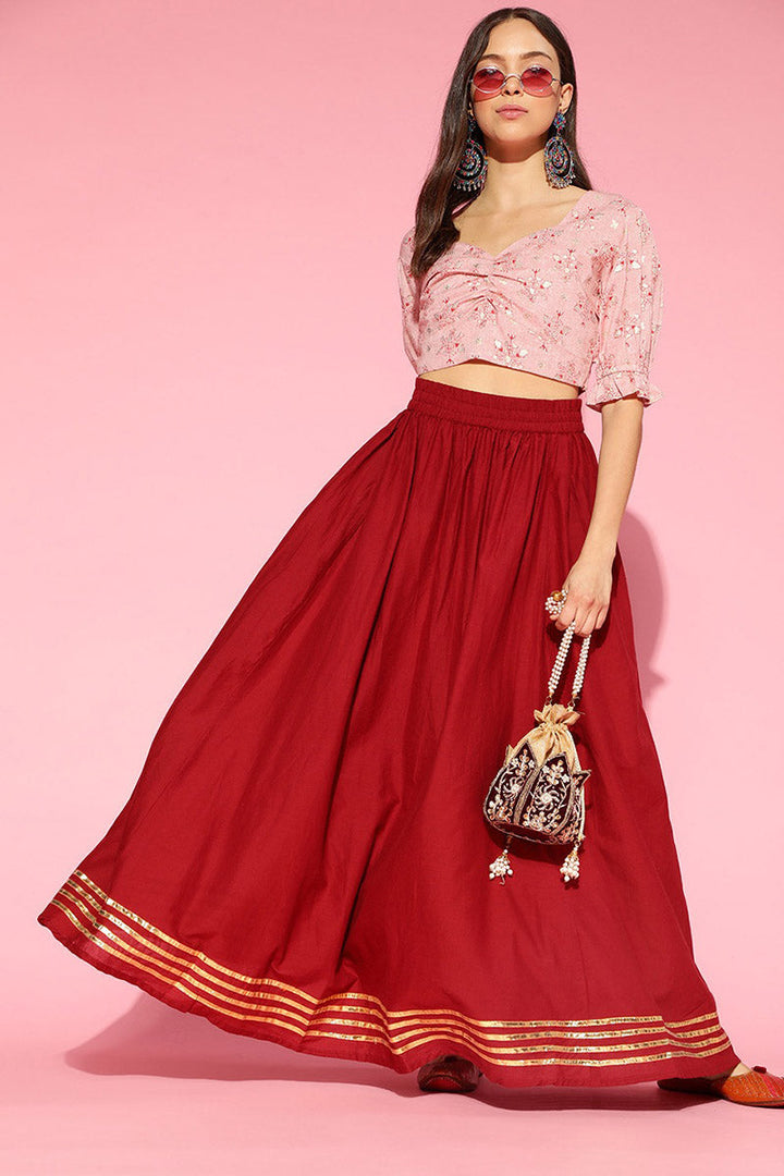 ZERESOUQ-Peach-Cotton-Ethnic-Motifs-Printed-Pleated-Crop-Top