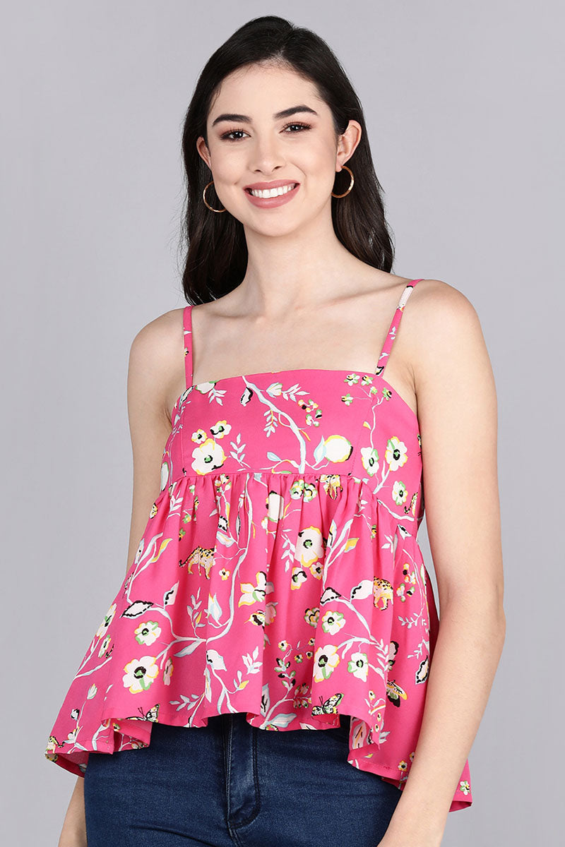 ZERESOUQ-Pink-Georgette-Floral-Printed-Peplum-Strappy-Crop-Top