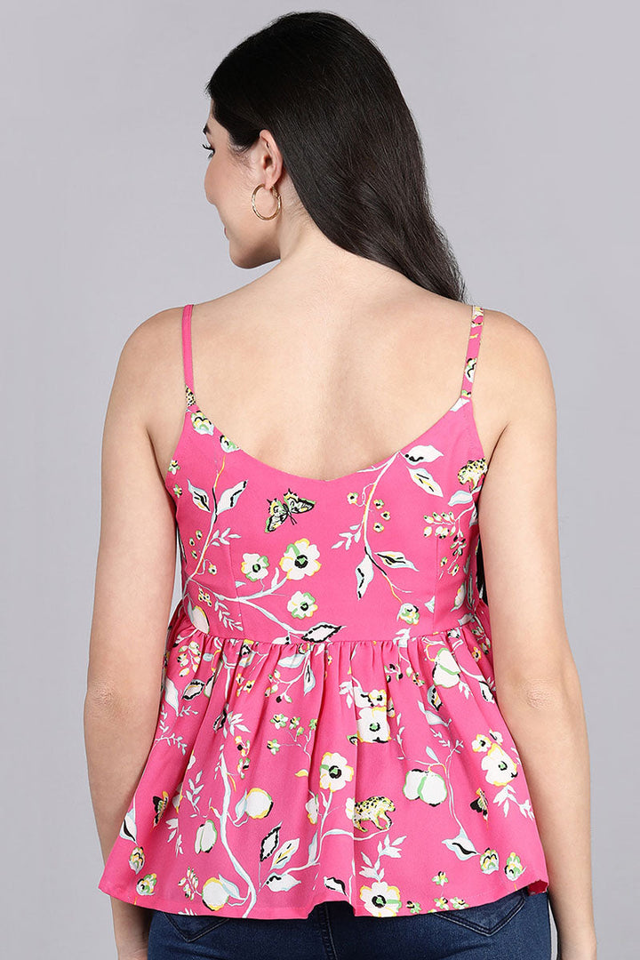 ZERESOUQ-Pink-Georgette-Floral-Printed-Peplum-Strappy-Crop-Top