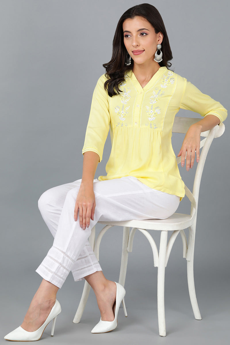 Hint of Yellow Viscose Rayon Solid Embroidered Top