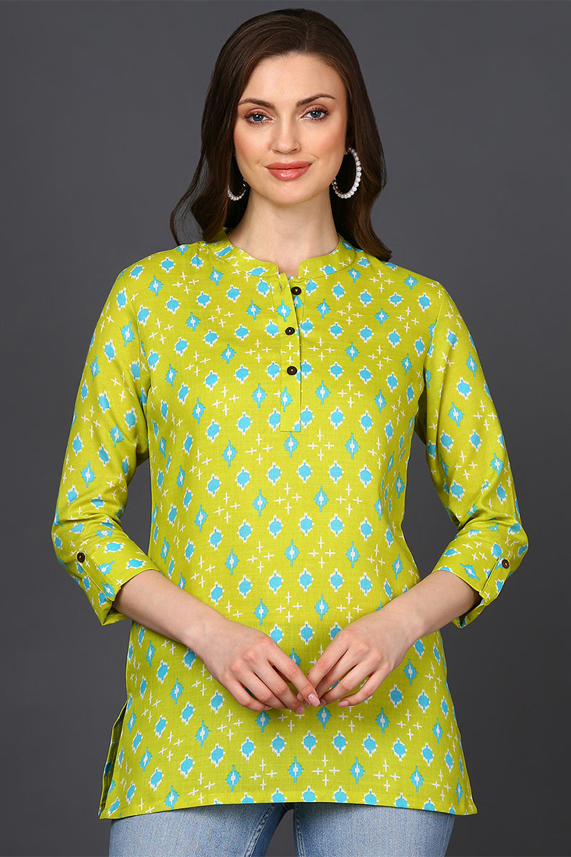 ZERESOUQ-Lime-Green-Cotton-Blend-Geometric-Printed-Tunic-Top