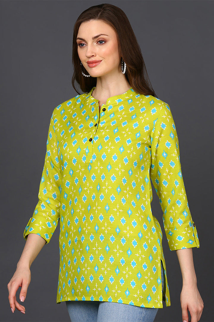 ZERESOUQ-Lime-Green-Cotton-Blend-Geometric-Printed-Tunic-Top