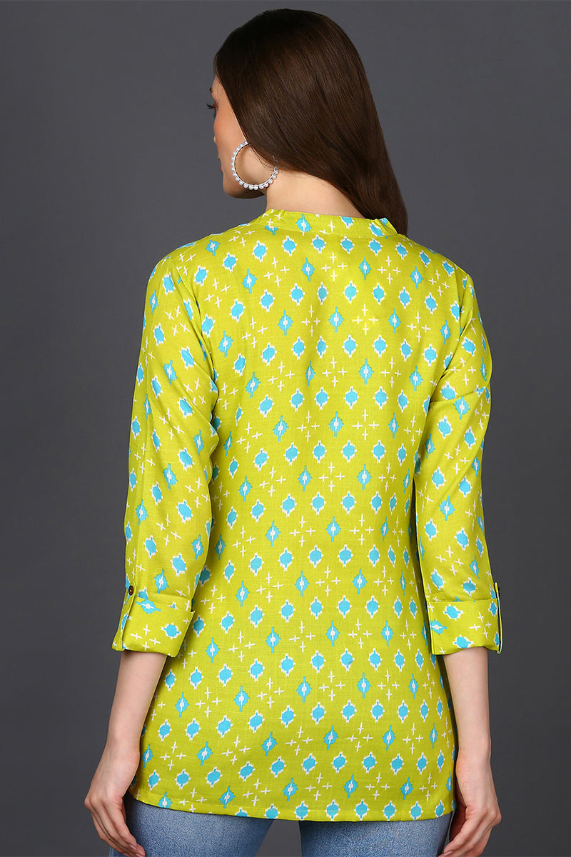 ZERESOUQ-Lime-Green-Cotton-Blend-Geometric-Printed-Tunic-Top