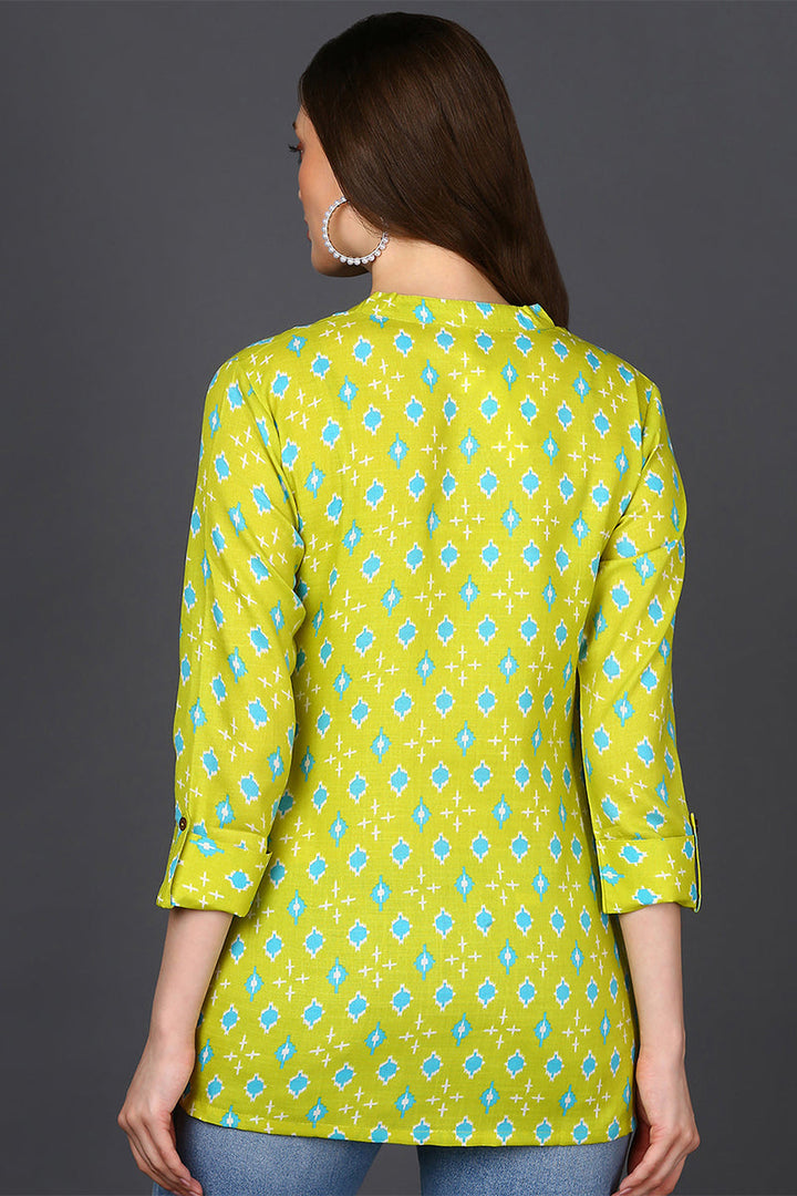 ZERESOUQ-Lime-Green-Cotton-Blend-Geometric-Printed-Tunic-Top