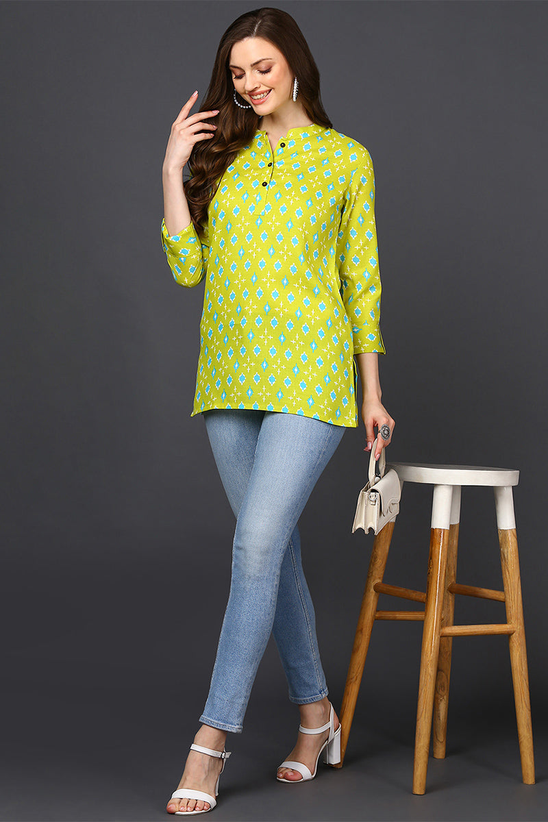 ZERESOUQ-Lime-Green-Cotton-Blend-Geometric-Printed-Tunic-Top