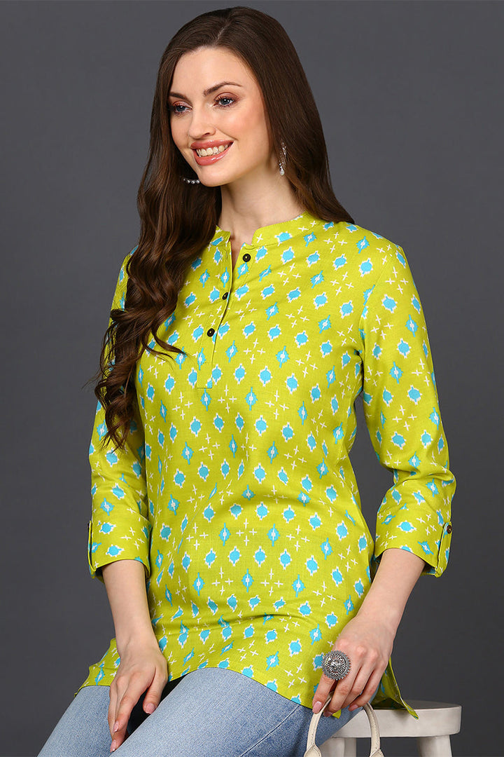ZERESOUQ-Lime-Green-Cotton-Blend-Geometric-Printed-Tunic-Top