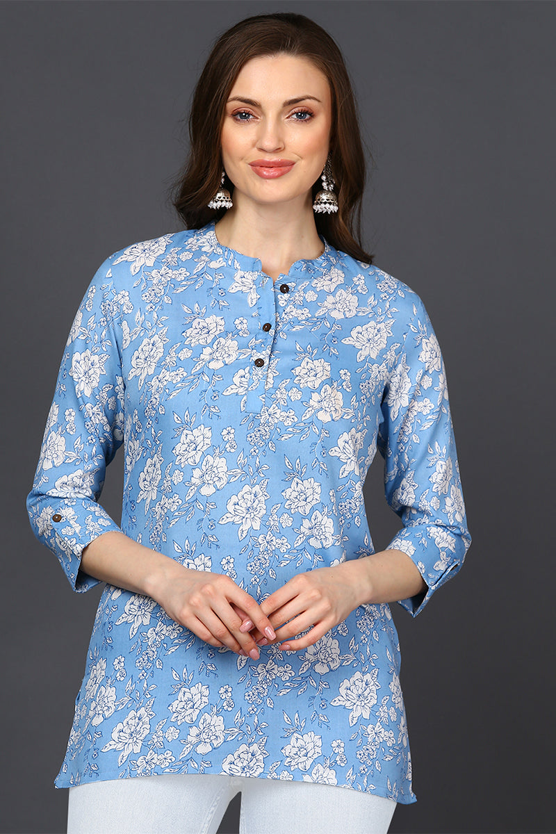 ZERESOUQ-Blue-Cotton-Blend-White-Floral-Printed-Tunic-Top