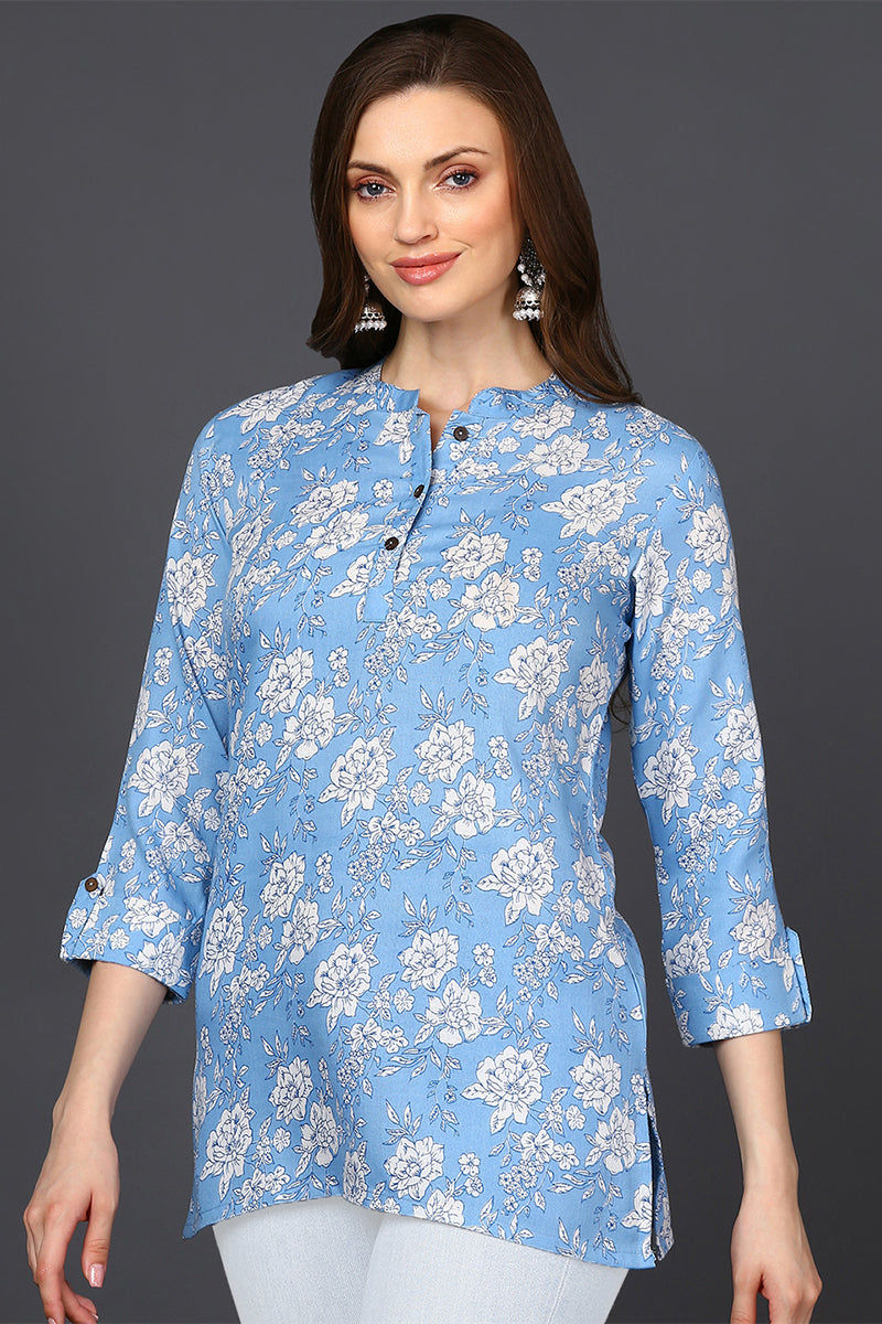 ZERESOUQ-Blue-Cotton-Blend-White-Floral-Printed-Tunic-Top
