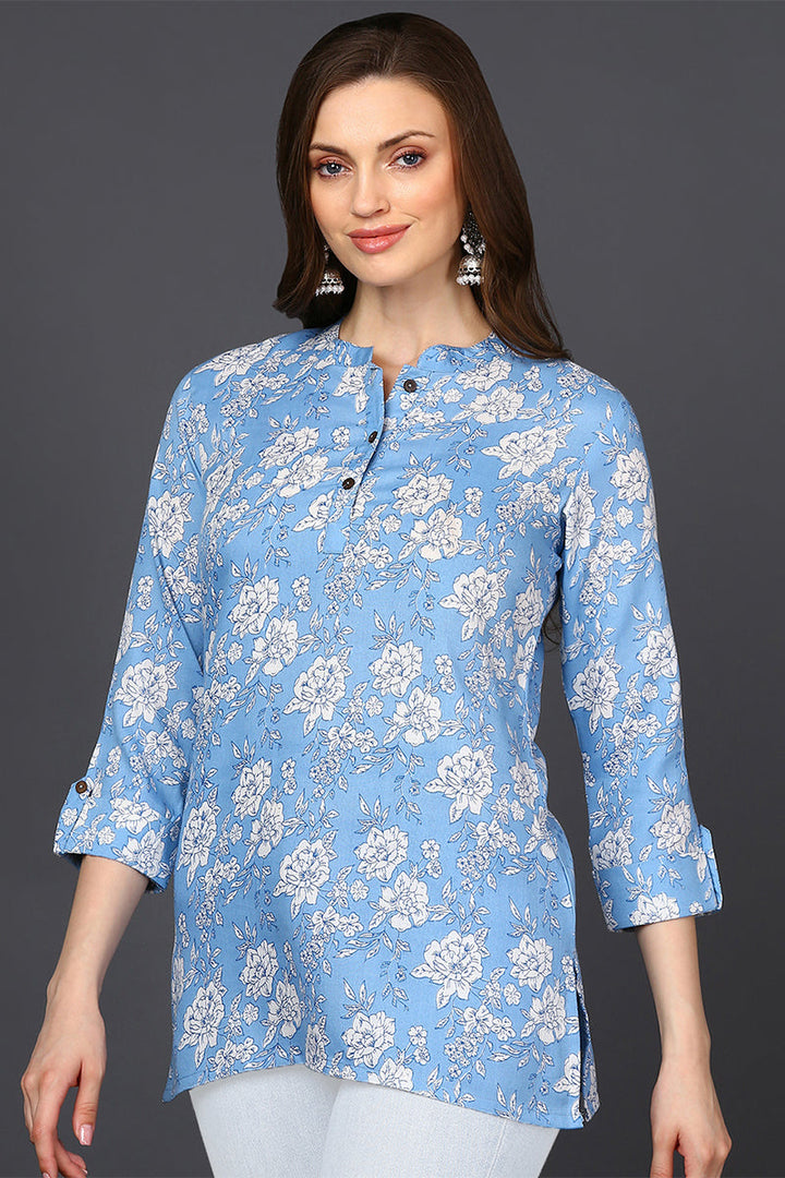 ZERESOUQ-Blue-Cotton-Blend-White-Floral-Printed-Tunic-Top