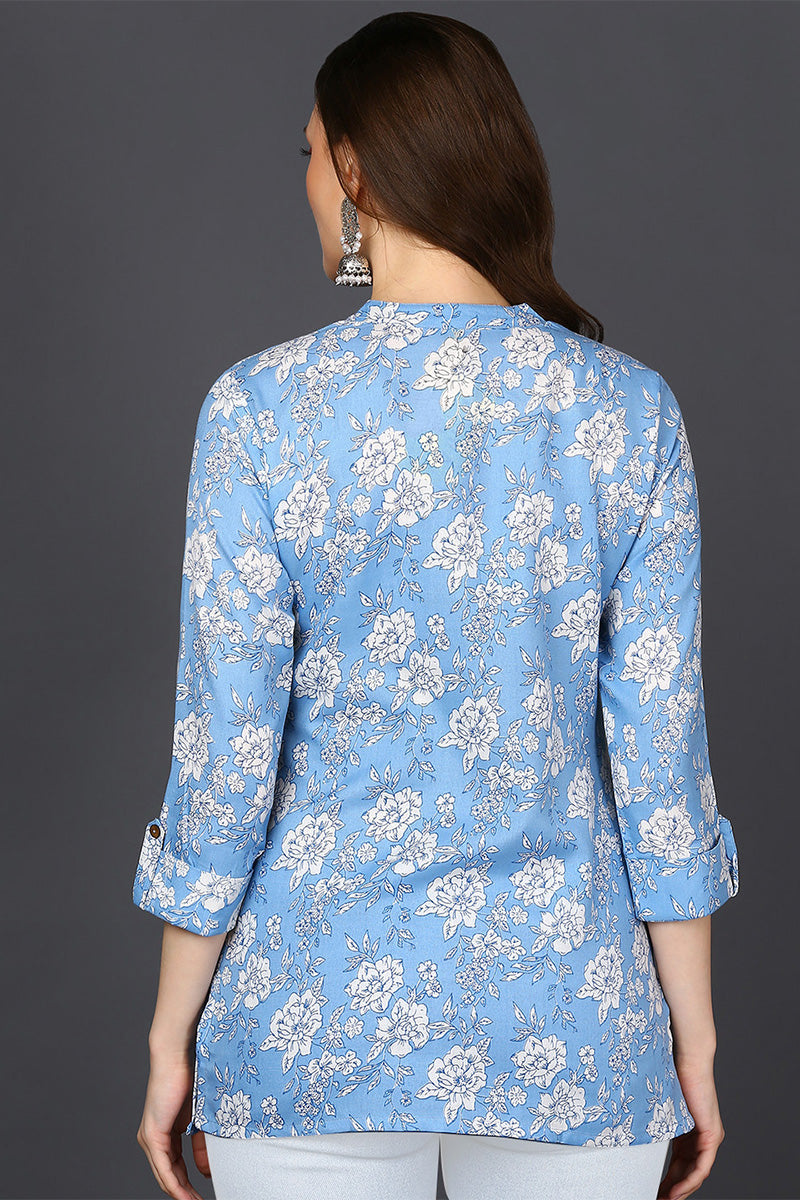 ZERESOUQ-Blue-Cotton-Blend-White-Floral-Printed-Tunic-Top
