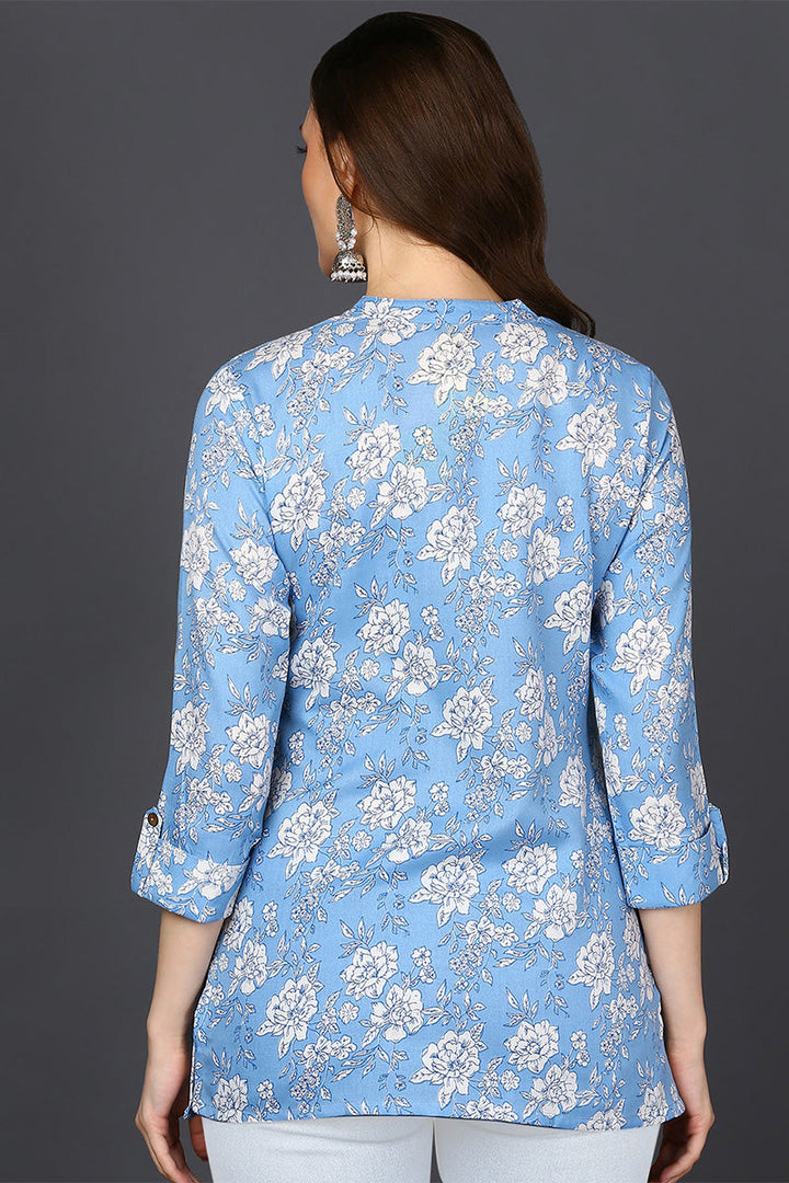 ZERESOUQ-Blue-Cotton-Blend-White-Floral-Printed-Tunic-Top