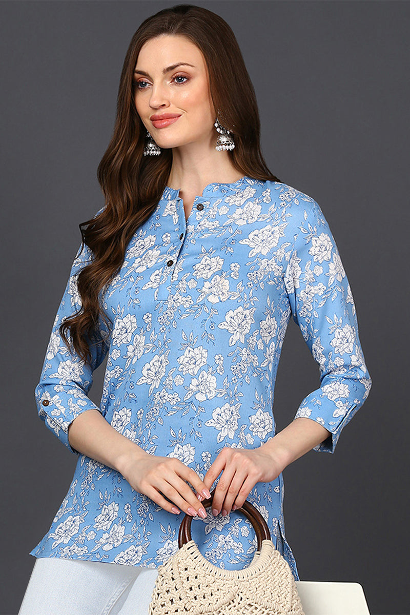 ZERESOUQ-Blue-Cotton-Blend-White-Floral-Printed-Tunic-Top