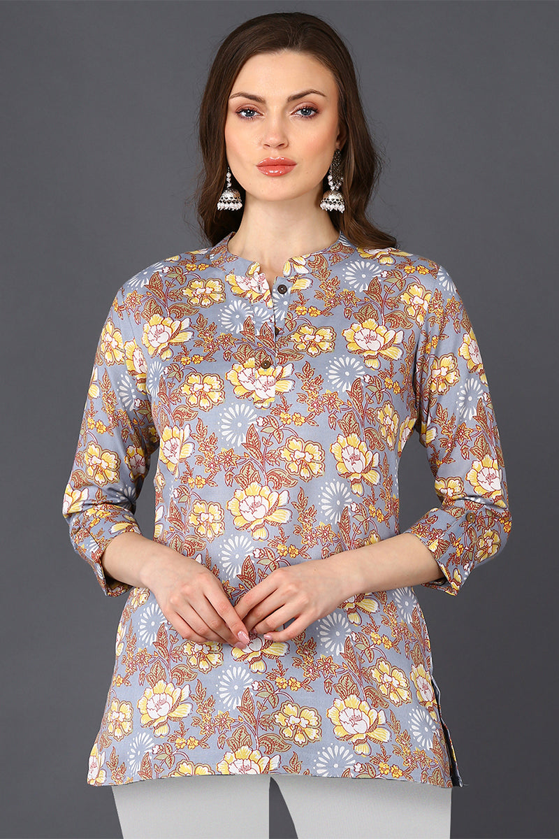 ZERESOUQ-Grey-&-Brown-Cotton-Blend-Floral-Printed-Tunic-Top