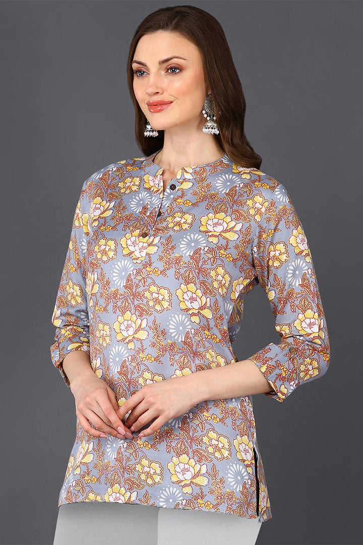 ZERESOUQ-Grey-&-Brown-Cotton-Blend-Floral-Printed-Tunic-Top