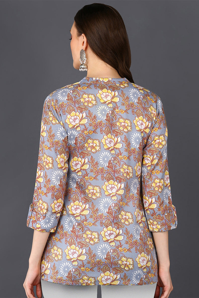 ZERESOUQ-Grey-&-Brown-Cotton-Blend-Floral-Printed-Tunic-Top