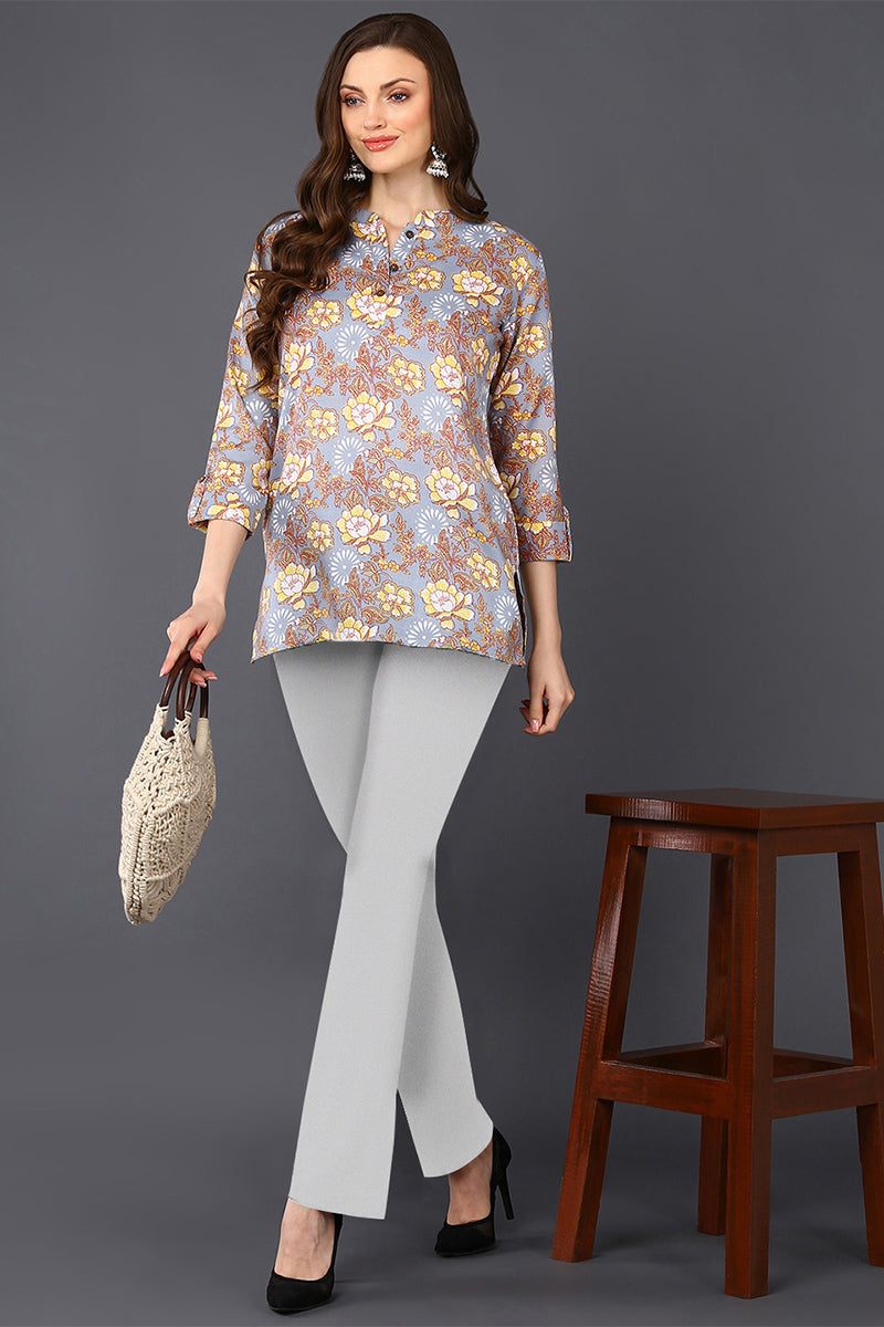 ZERESOUQ-Grey-&-Brown-Cotton-Blend-Floral-Printed-Tunic-Top