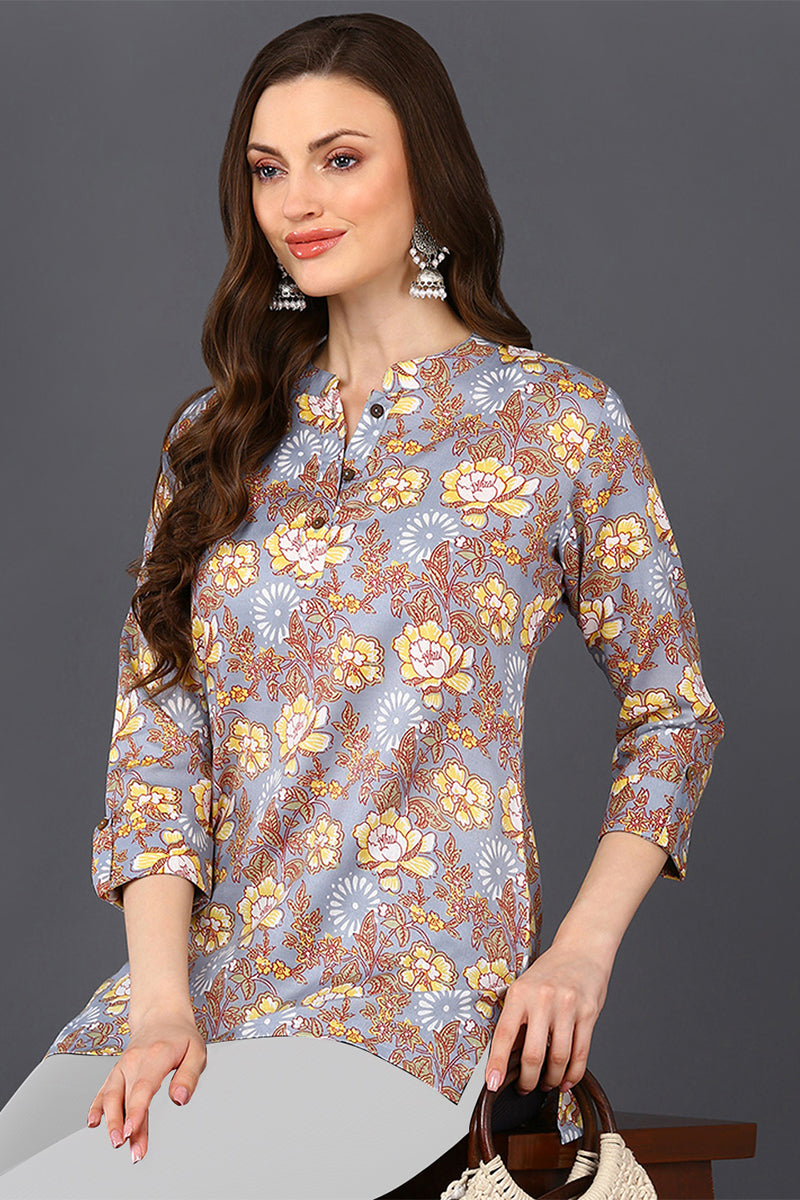 ZERESOUQ-Grey-&-Brown-Cotton-Blend-Floral-Printed-Tunic-Top