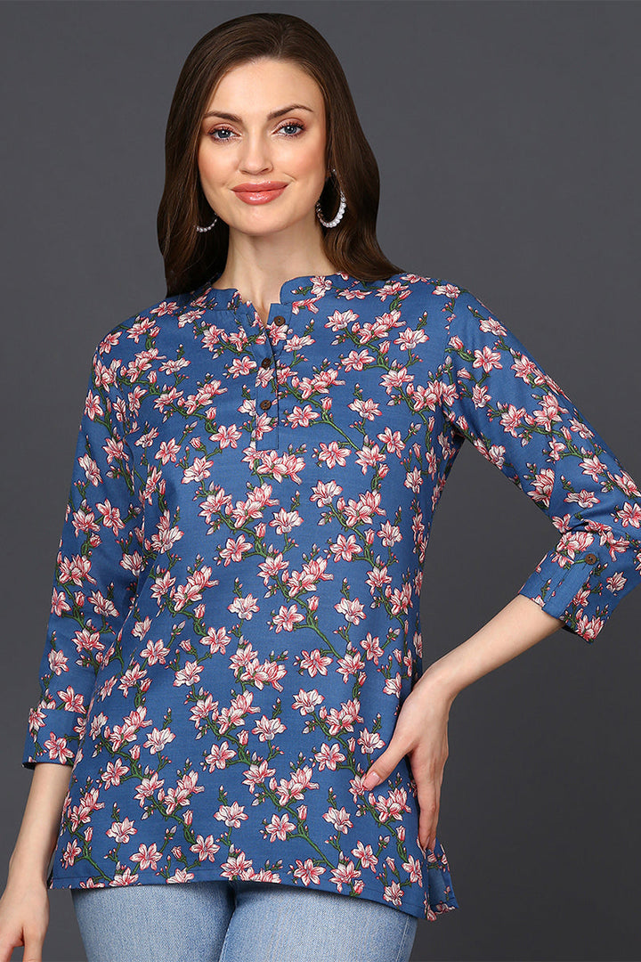 ZERESOUQ-Dark-Blue-Cotton-Blend-Floral-Printed-Tunic-Top