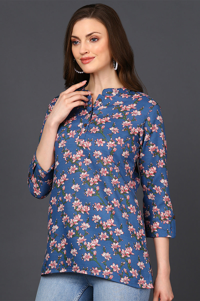 ZERESOUQ-Dark-Blue-Cotton-Blend-Floral-Printed-Tunic-Top