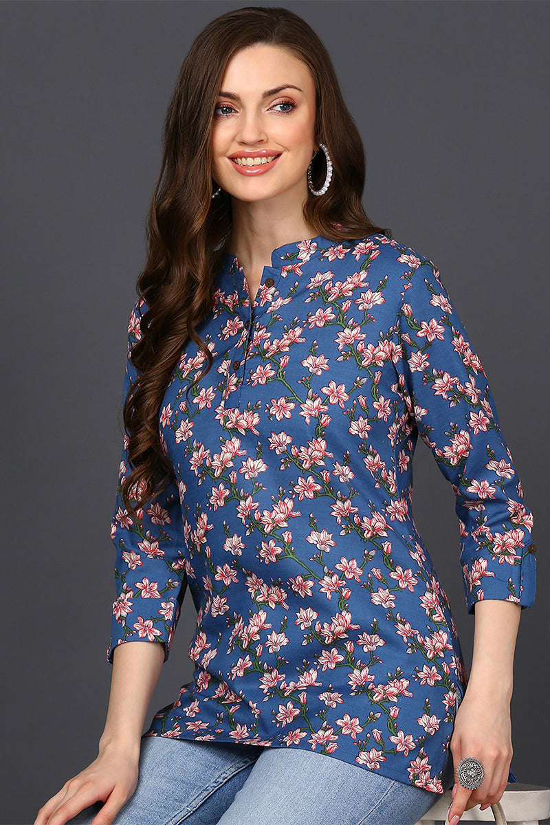 ZERESOUQ-Dark-Blue-Cotton-Blend-Floral-Printed-Tunic-Top